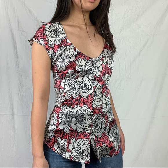 guess jeans xs pink and white silk floral abstract blouse - Picture 6 of 16